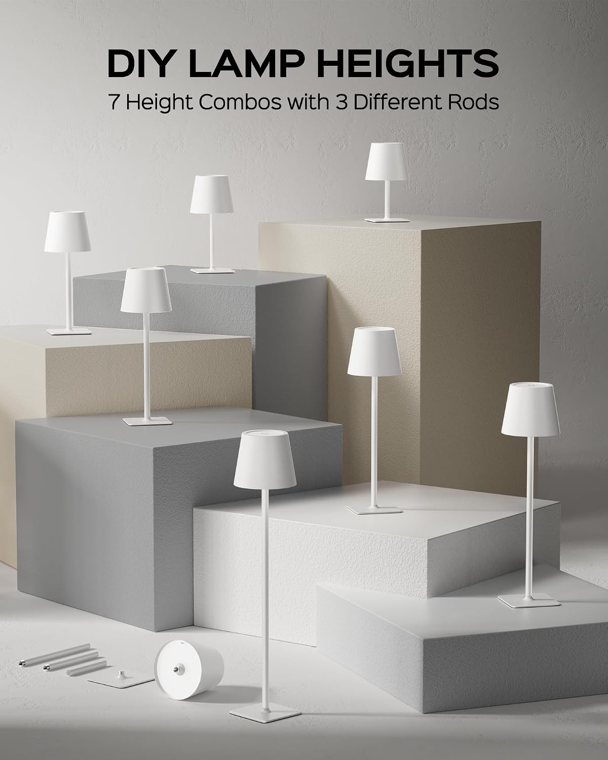 JACKYLED Cordless Lamp DIY Height, 3 Color Stepless Dimming, 5000mAh Battery Operated Lamp Portable Rechargeable for Bedroom Dinning…