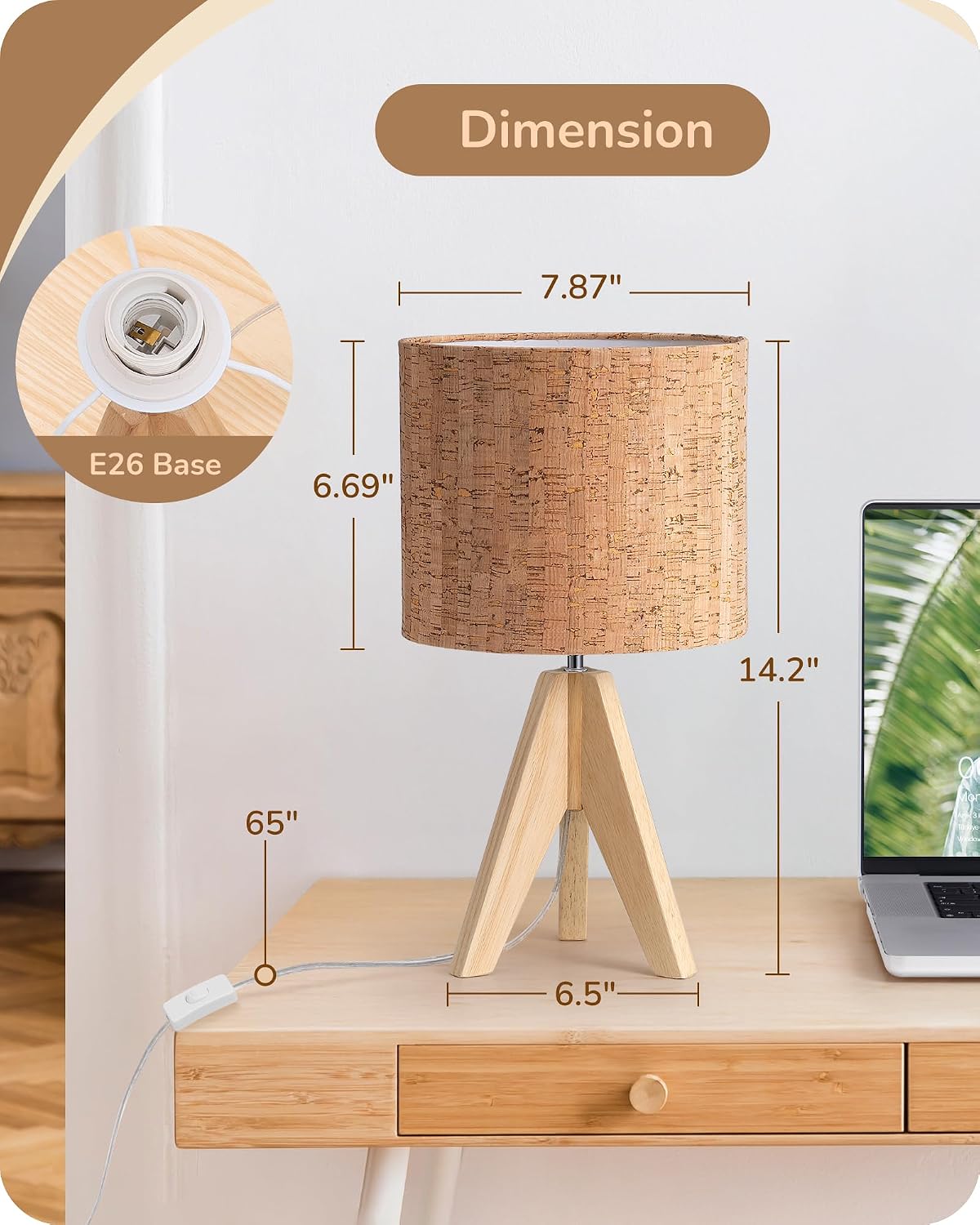 EDISHINE Small Table Lamp, Wooden Tripod Nightstand Lamp with Bark Linen Shade, Farmhouse Bedside Lamp for Nursery, Bedroom, Kids Room…