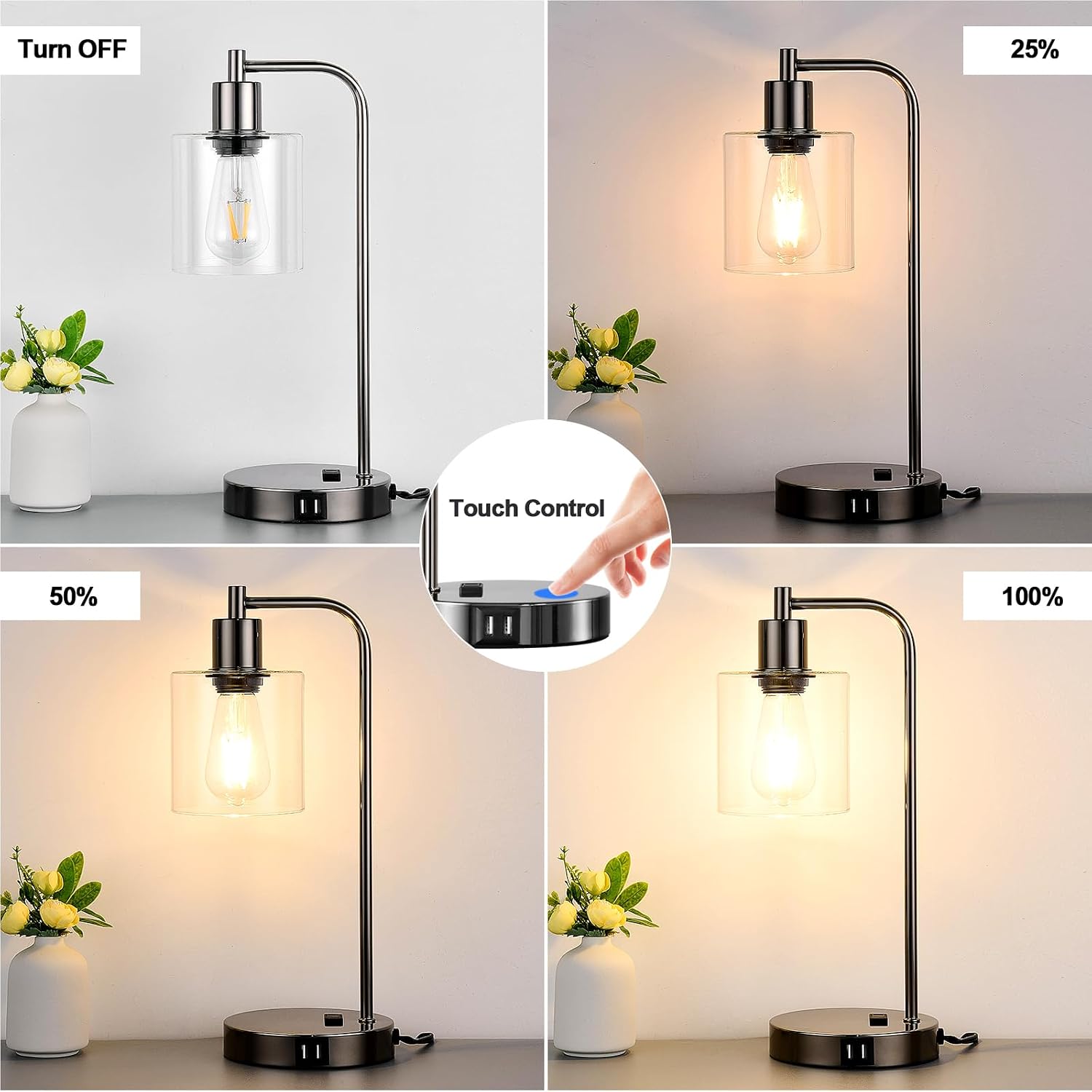 Industrial Touch Control Table Lamps Set of 2 - Black Nickel Bedside Lamps with 2 USB Ports & AC Outlet, 3-Way Dimmable Nightstand Desk…