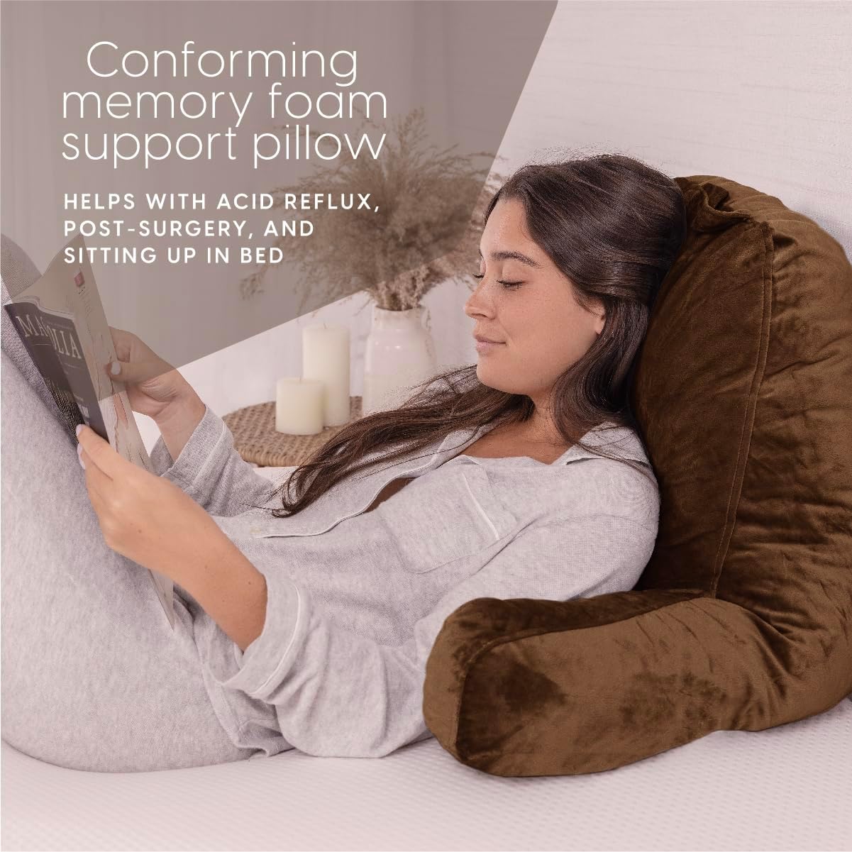 Milliard Reading Pillow with Arms, Brown, Shredded Memory Foam Back Pillow for Bed Sitting Up - Sit Up Backrest Support for Reading &…