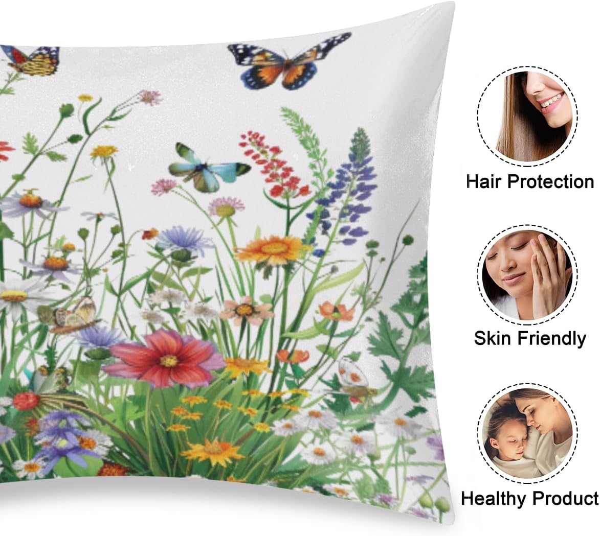 Satin Pillowcase for Hair and Skin Spring Flower Butterfly Soft Silk Pillow Case with Envelope Closure Cooling Pillow Cases Slip Standard…