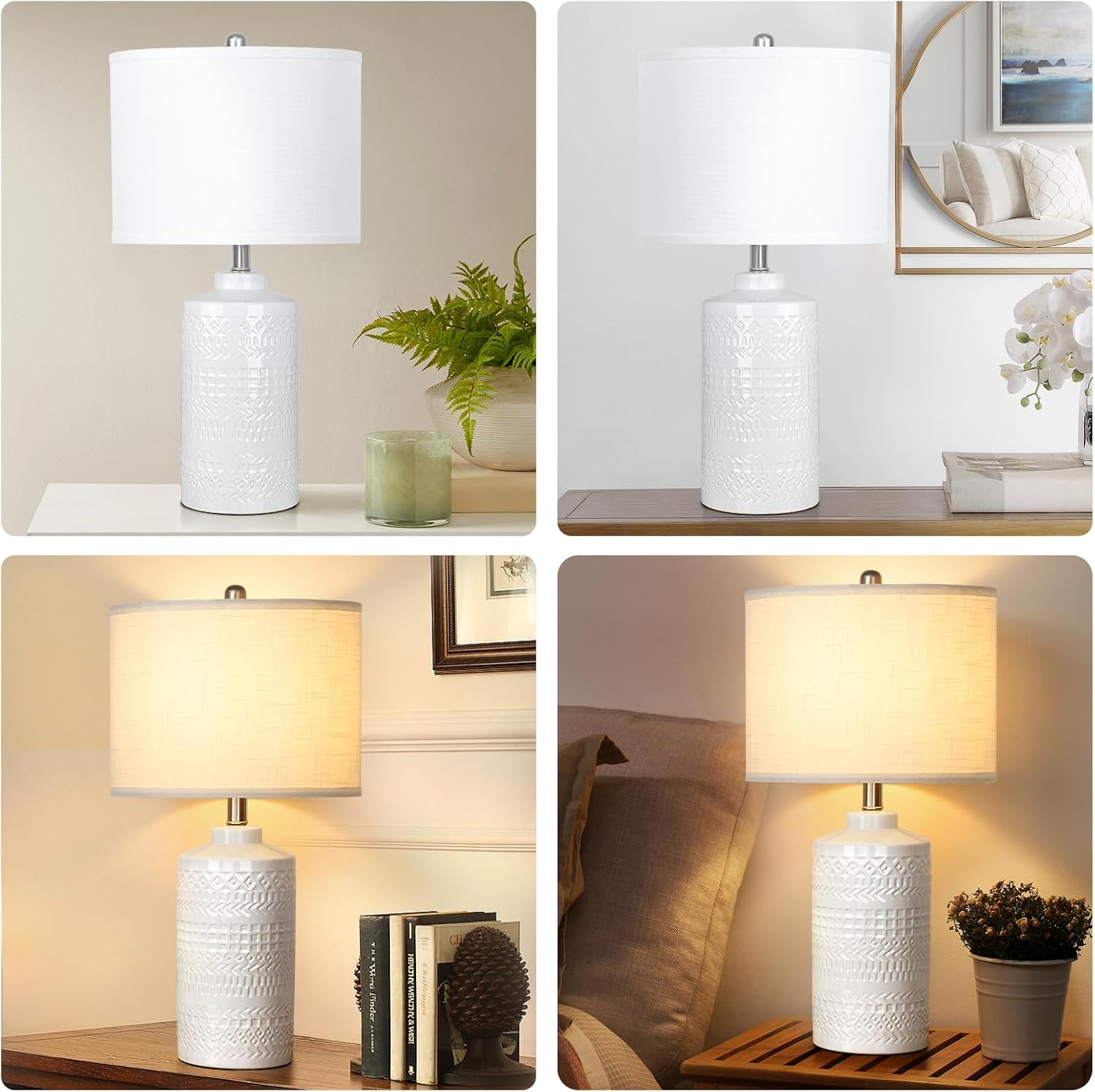 JUNNAI 24.5" White Ceramic Table Lamp 3-Way Dimmable Nightstand with White Linen Shade Bedside Lamp for Bedrooms & Living Room Office…