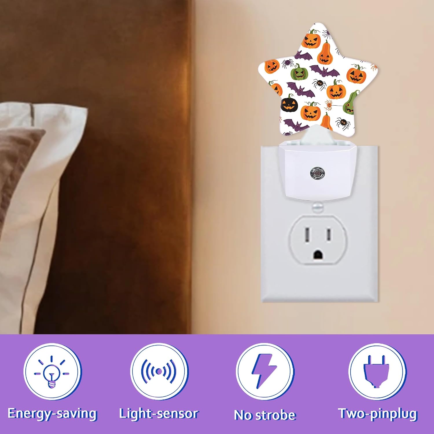 Energy Efficient Nightlights Plug In Wall, Halloween Pumpkin Night Light for Kids Bedroom Decorative, Purple Bat Spiders Dusk-To-Dawn…