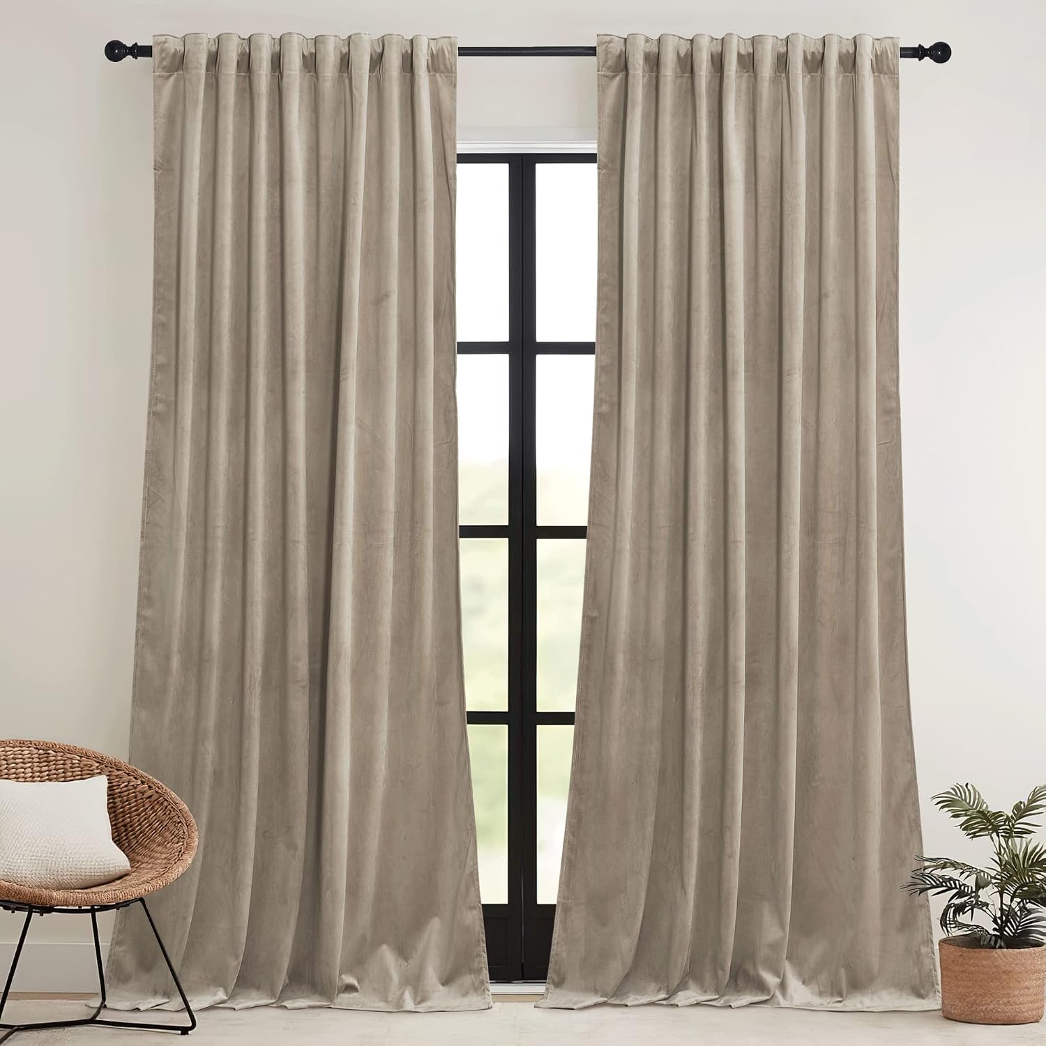 Rybhome RYB HOME Camel Beige Velvet Curtains 108 inch, Room Darkening Window Curtains with Multiple Hanging Options Heavy Duty Plush Backdr…