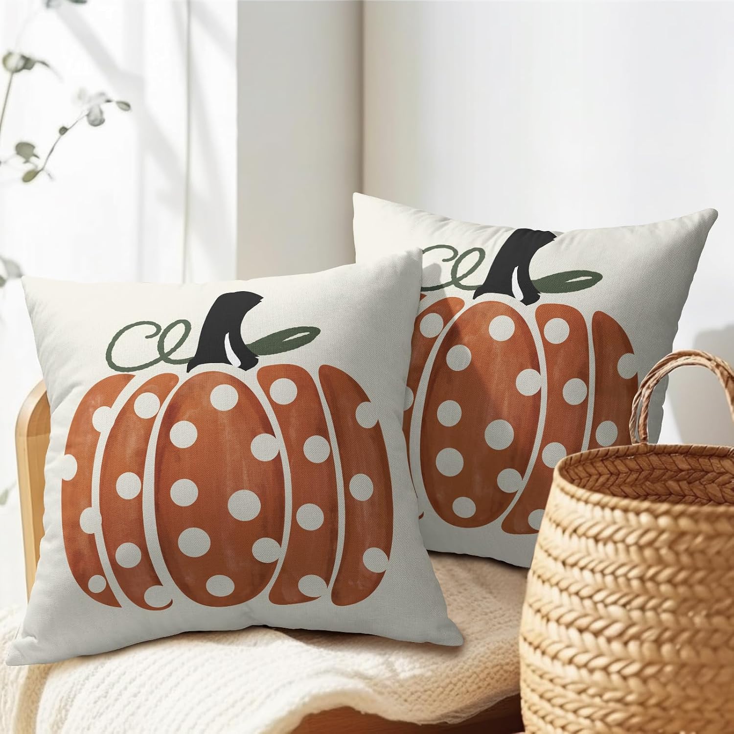 Fall Pumpkin Throw Pillow Cover 16X16 Inch Set of 2 Autumn Orange Pumpkin Outdoor Pillow Cases Polka Dot Beige Thanksgiving Farmhouse…