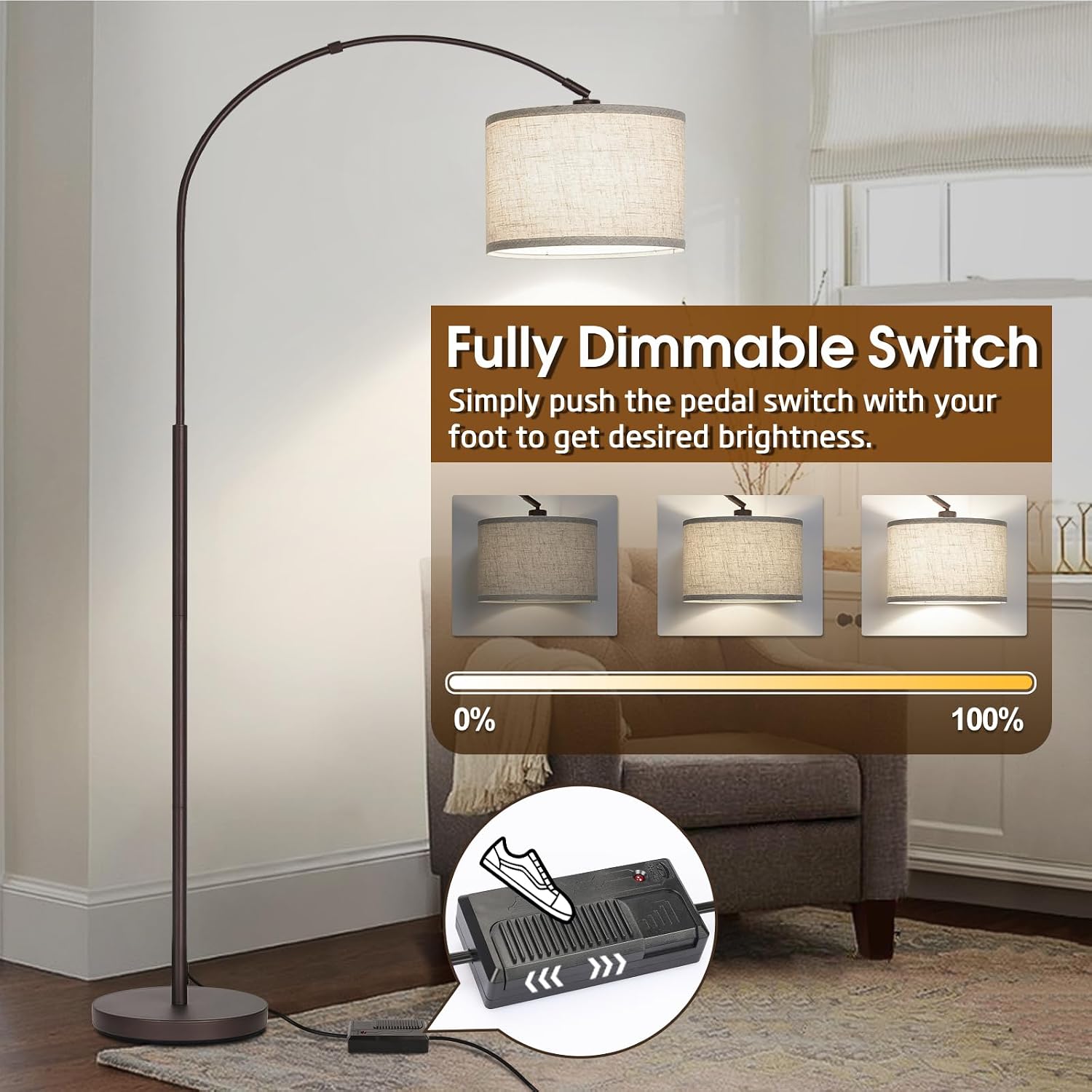 Dimmable Arc Floor Lamp, Floor Lamps for Bedroom, Farmhouse Standing Lamp with Adjustable Hanging Shade, Brown Tall Pole Lamp, Mid…