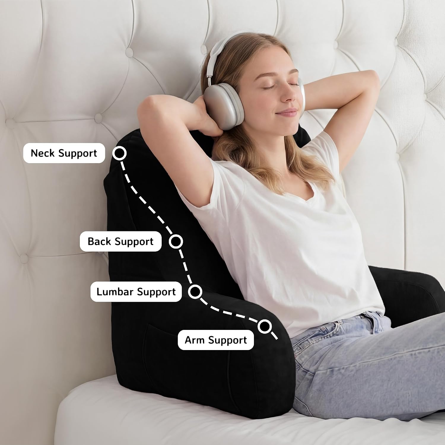 Unisakey Portable Comfy Reading Pillows for Bed Sitting Up(Black Oeko-Tex), Velvet Back Pillow with Arms & Pockets for Adults, Support…