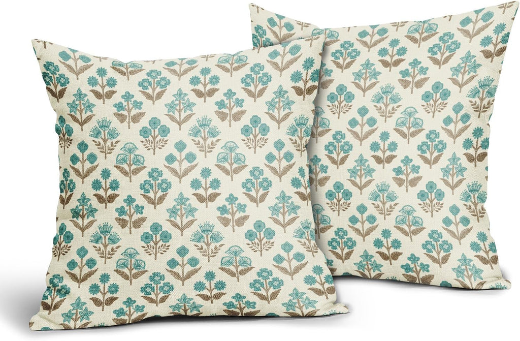 Brown Cyan Floral Pillow Covers 22x22 Inch Set of 2, Vintage Flower Block Print Pattern Decorative Throw Pillowcases Outdoor Farmhouse…