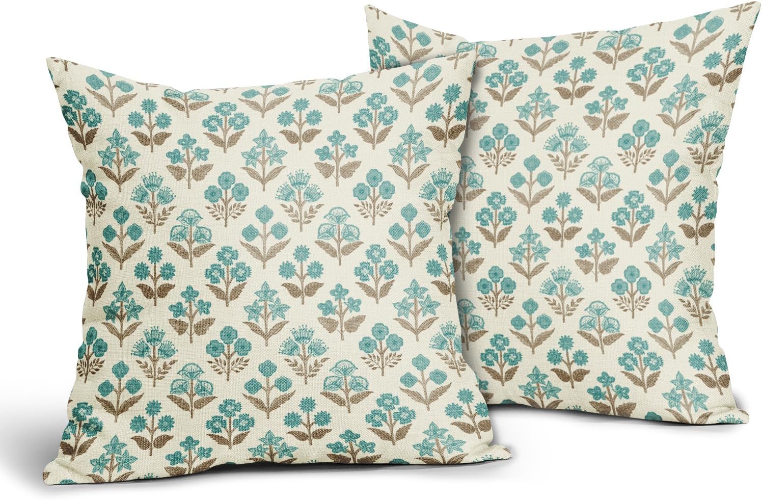 Brown Cyan Floral Pillow Covers 22x22 Inch Set of 2, Vintage Flower Block Print Pattern Decorative Throw Pillowcases Outdoor Farmhouse…