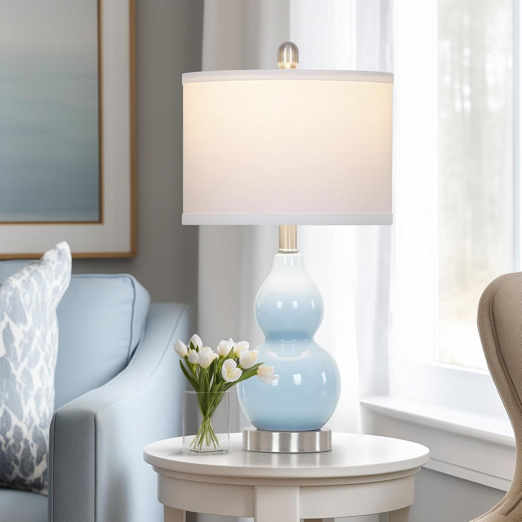 Rinweey Double Gourd Ceramic Table Lamps Set of 2, Modern Blue Bedside Lamps for Night Stand, Contemporary Nightstand Lamps for Bedroom…