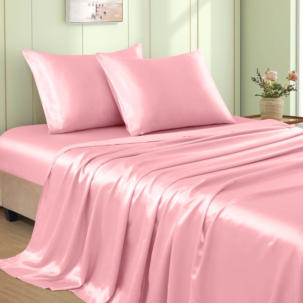 VACVELT 3pcs Pink Satin Sheets Twin Size Bed Set, 15 Inch Deep Pocket Silky Satin Sheet Set, Soft Satin Bedding Set Cooling & Luxury Bed…