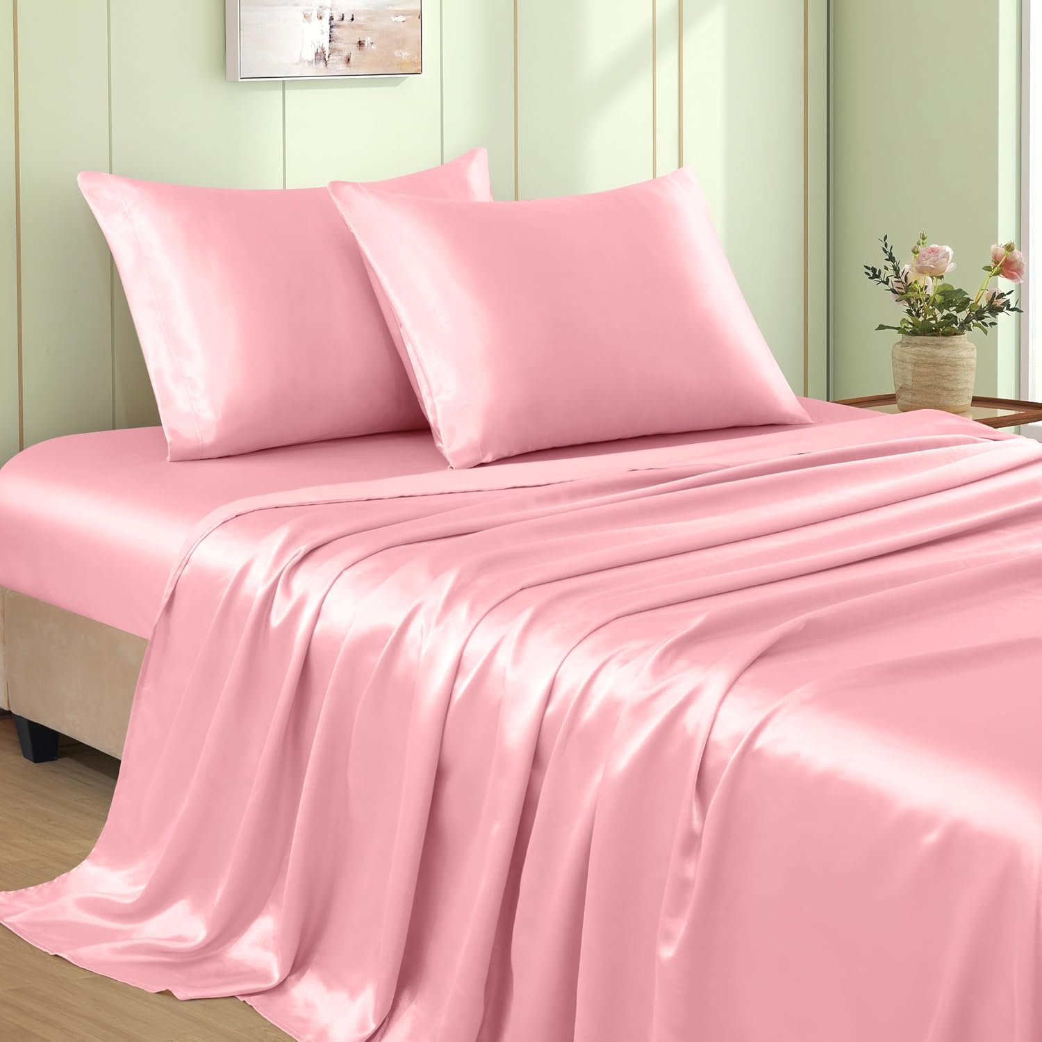 VACVELT 4pcs Pink Satin Sheets Full Size Bed Set, 15 Inch Deep Pocket Silky Satin Sheet Set, Soft Satin Bedding Set Cooling & Luxury Bed…