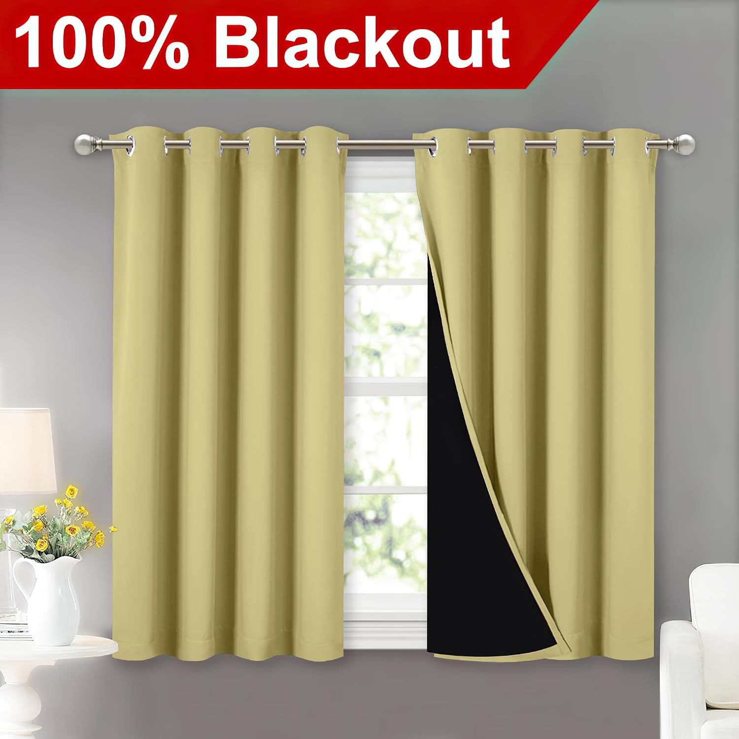 Nicetown 100% Blackout Curtains with Black Liners, Thermal Insulated Full Blackout 2-Layer Lined Curtains, Energy Efficiency Window Draperi…
