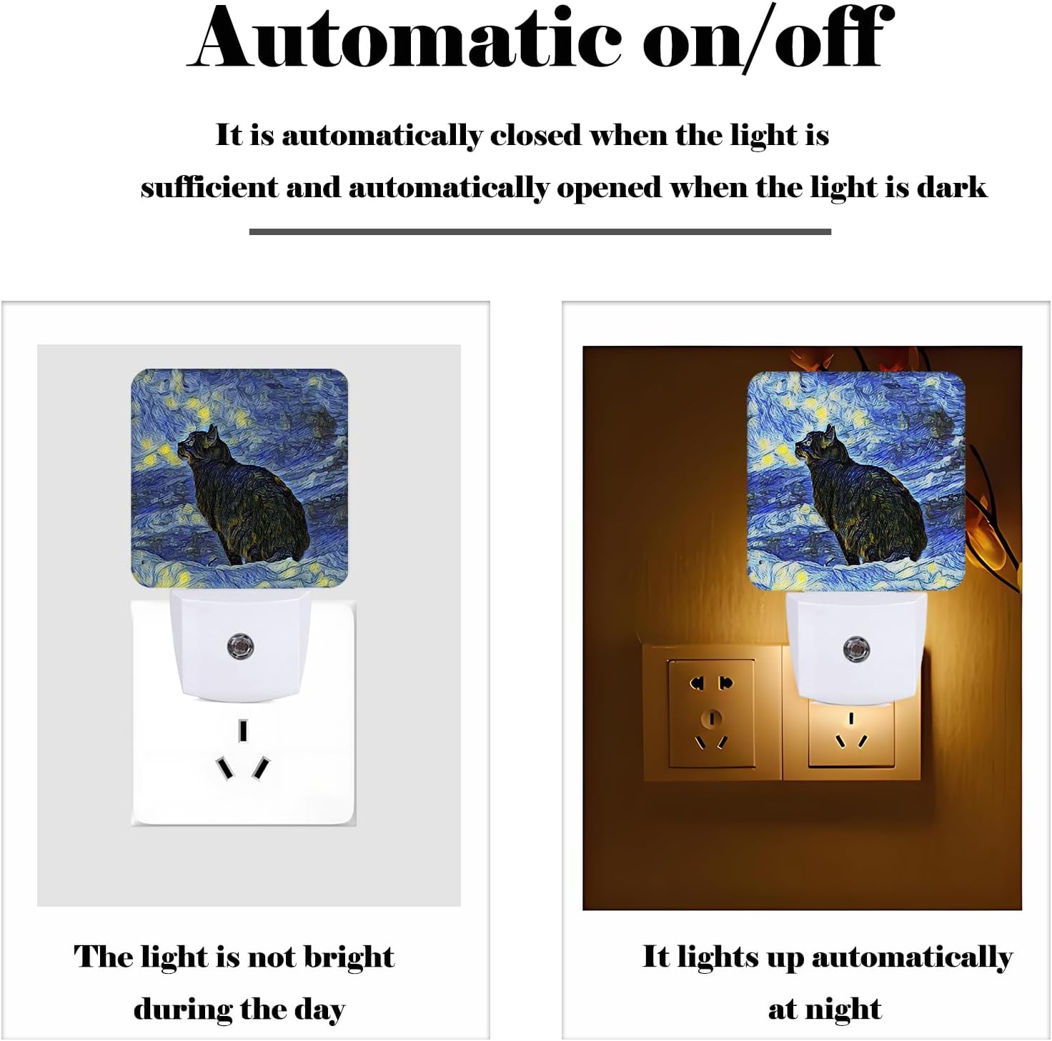 Black Cat Night Light, Plug Into Wall for Boys Girls Bedroom Decorative Square Night Light Lamp 0.5w Sleep Friendly
