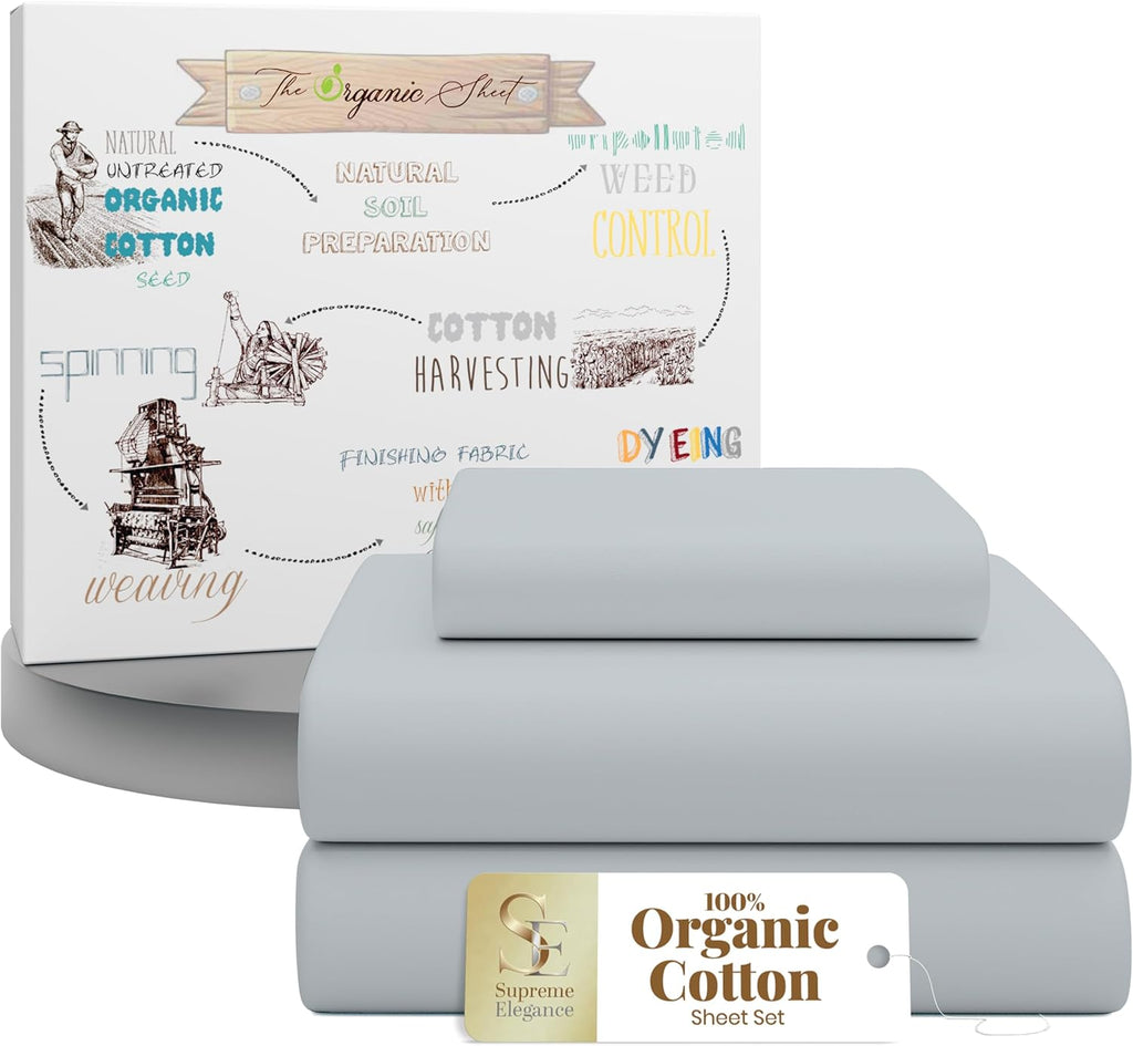 SupremeElegence SUPREME ELEGANCE 3Pc 100% Organic Cotton Twin XL Sheets Set, Soft Silver, Cooling Percale, Deep Pocket Fitted Sheet, Fits M…