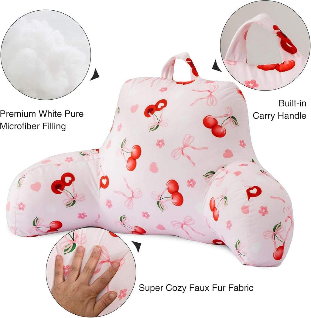 Aimuan Reading Pillow Bed Rest Wedge Backrest Pillow Cherries Bowknot Printed Collections with Arms Sitting in Bed Pink-red
