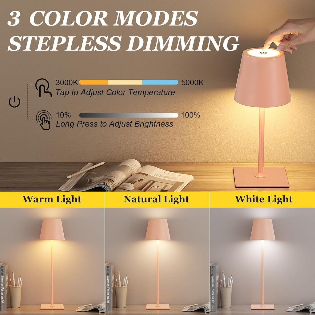 Kakanuo Pink Cordless Rechargeable Table Lamp 5000mAh Battery Operated Lamps, 3 Colors Stepless Dimming Touch Lamp for Living Room…