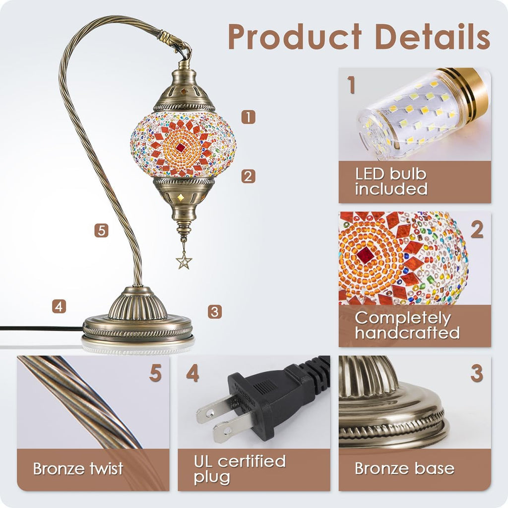 Yarra-Decor Turkish Moroccan Lamp with Bronze Base 3 Color Options Handmade Swan Neck Tiffany Mosaic Glass Bedside Lamps for Bedroom (LED…