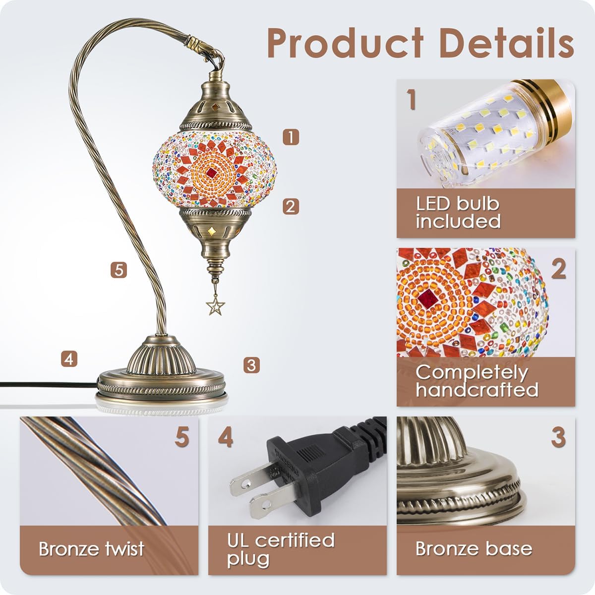 Yarra-Decor Turkish Moroccan Lamp with Bronze Base 3 Color Options Handmade Swan Neck Tiffany Mosaic Glass Bedside Lamps for Bedroom (LED…
