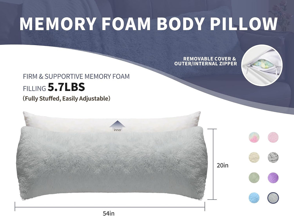 Wsofrlac Fluffy Silk Full Body Pillow for Adults 20x54 Satin Body Pillow Cover Pillowcase with Memory Foam for bed Light Grey Pregnancy Cud…