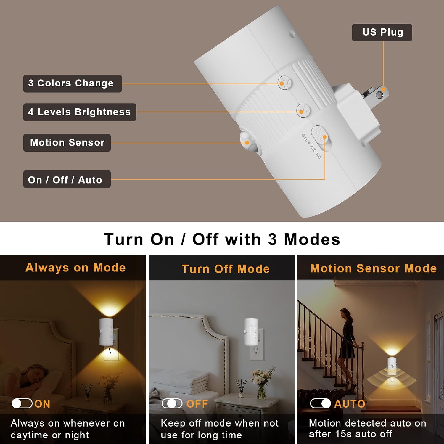 easuntec Motion Sensor Light Indoor, Night Lights Plug into Wall, Motion Sensor & Dusk to Dawn Sensor, 3 Light Modes, Dimmable Night Light…