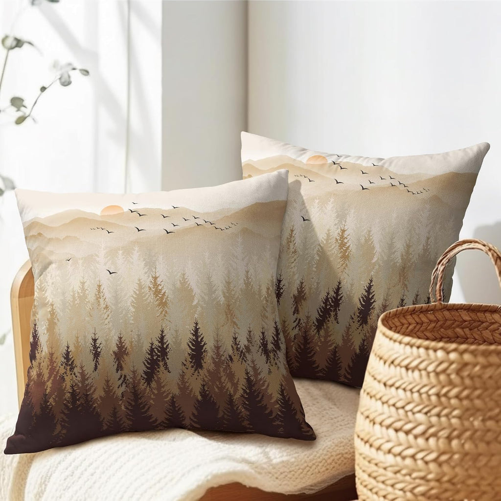 Fall Misty Forest Throw Pillow Covers 20x20 Inch Set of 2 Brown Mountain Woodland Decorative Pillow Cases Nature Pine Trees Farmhouse…
