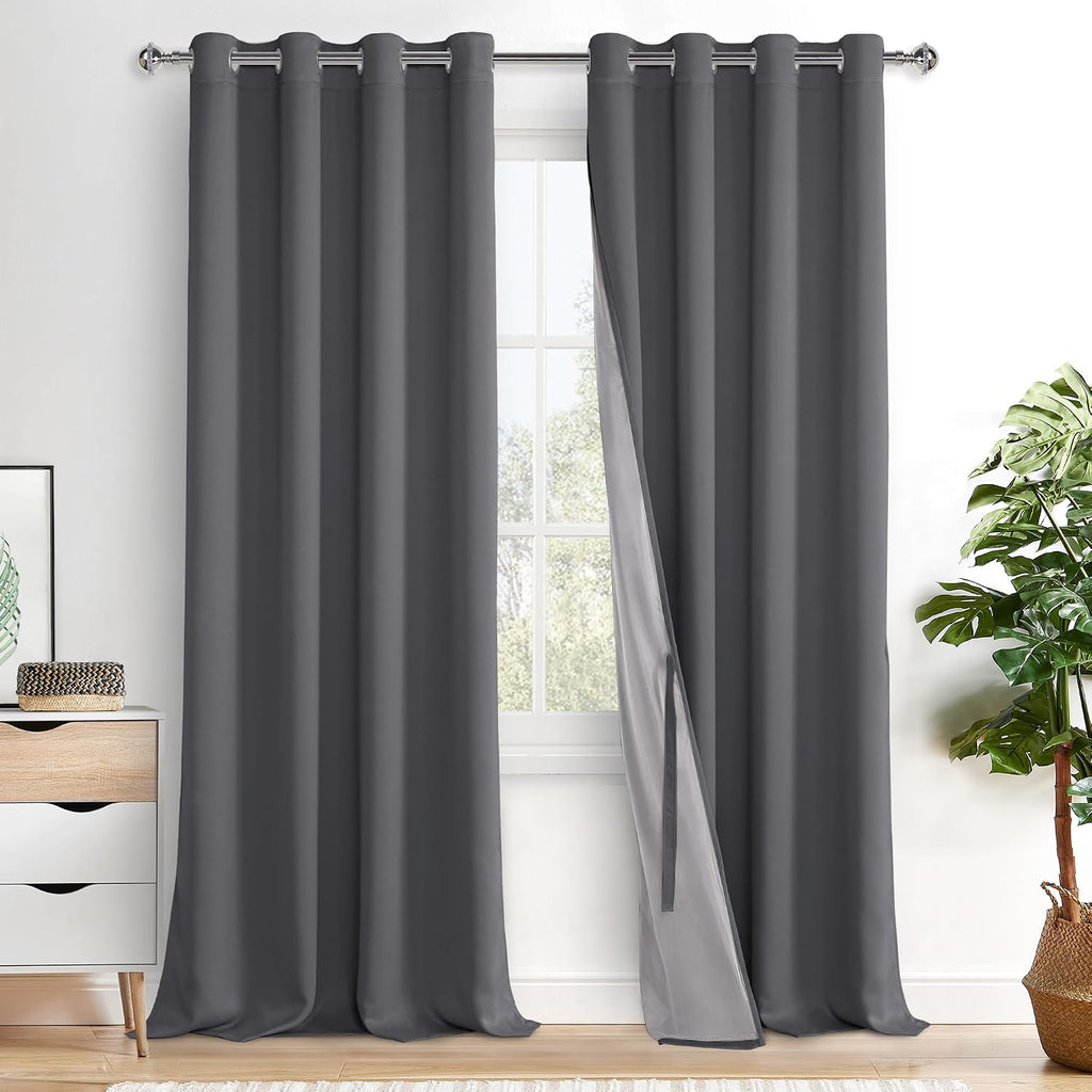 Xwzo 100% Blackout Curtains 95 Inches Long with Tiebacks- Privacy Protection & Noise Blocking Window Draperies Grommet Top with Black Liner…