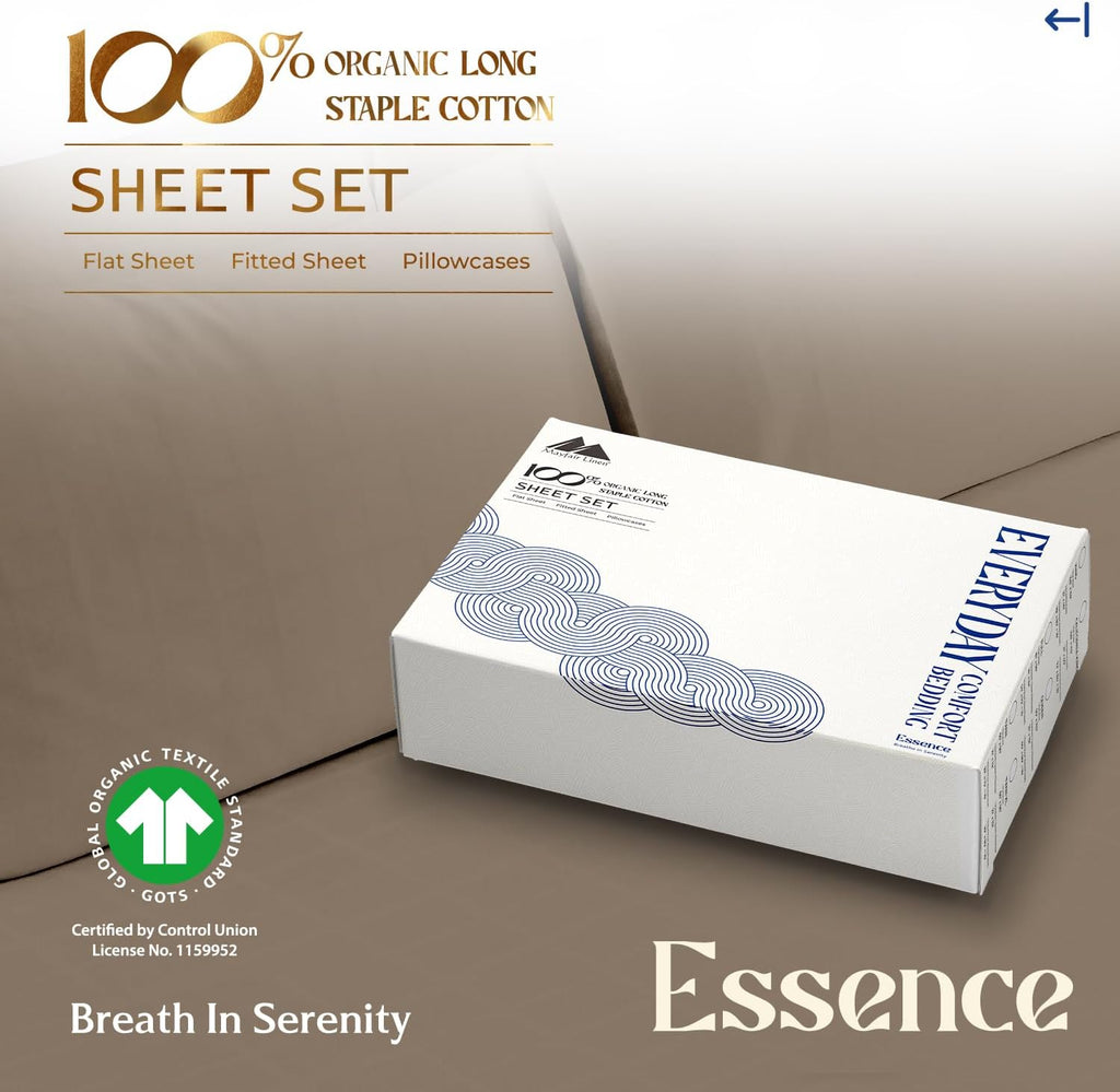 Mayfair Linen 100% Organic Cotton Sheets Twin XL Size - 3 PC Organic Cotton Percale Sheets Twin XL Set (Taupe), Soft, Crisp, Cooling…
