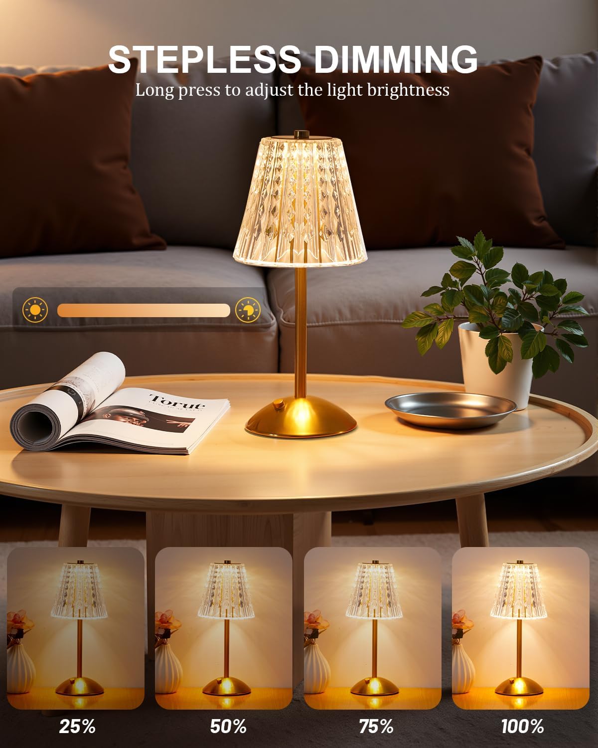 Nusogon 2 Pack Cordless Crystal Table Lamps, Premium Rechargeable Touch Lamps with 3 Color Dimmable Lighting for Bedroom, Nightstand…
