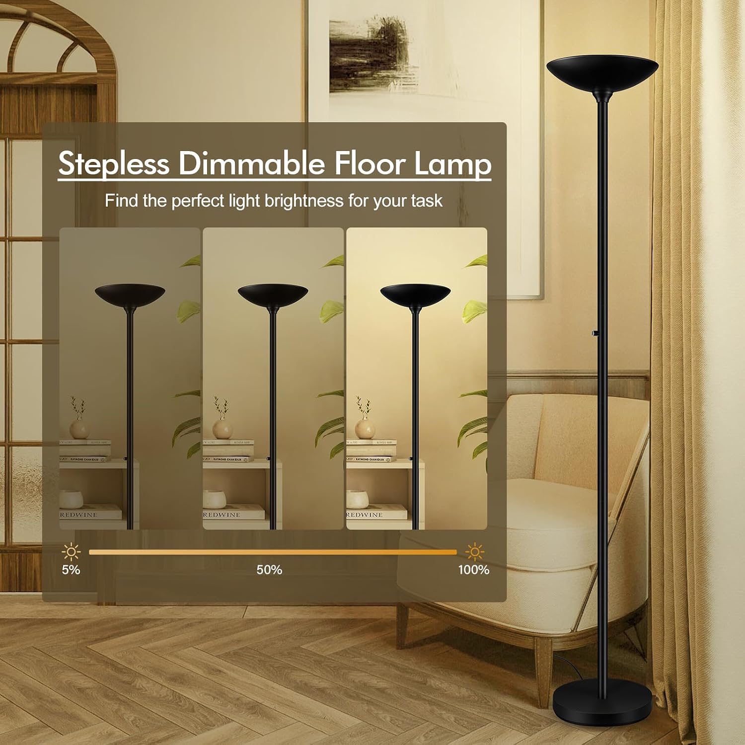 Home 30W Torchiere Floor Lamp - 3600LM Super Bright LED Floor Lamp, 71 Inch Stepless Dimmable Standing Lamp with 3000K Lighting, Rotary Swi…
