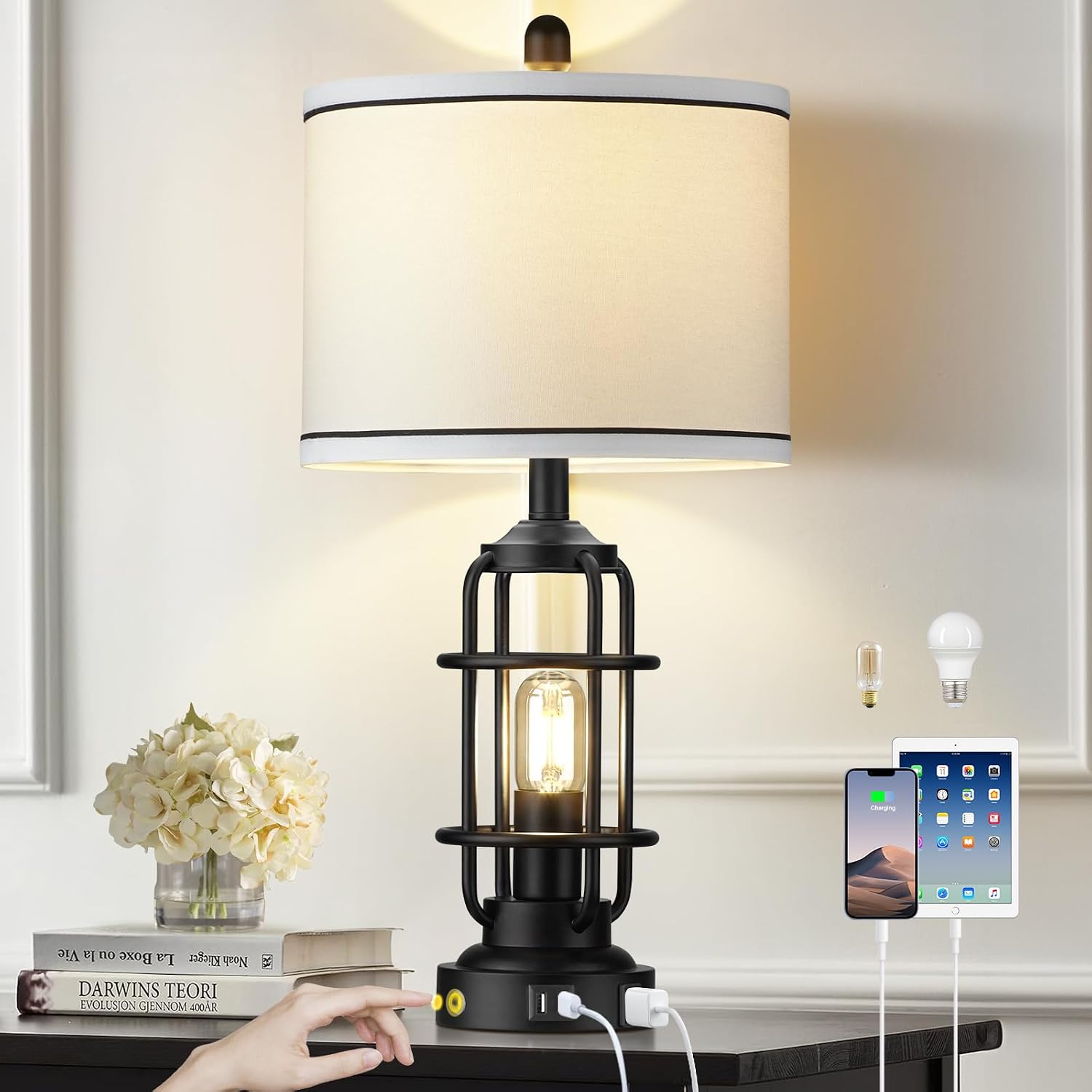26" Modern Lamp for Living Room, Industrial 3-Way Dimmable Beside Table Lamp with USB A+C Charging Ports & AC Outlet, Touch Control…