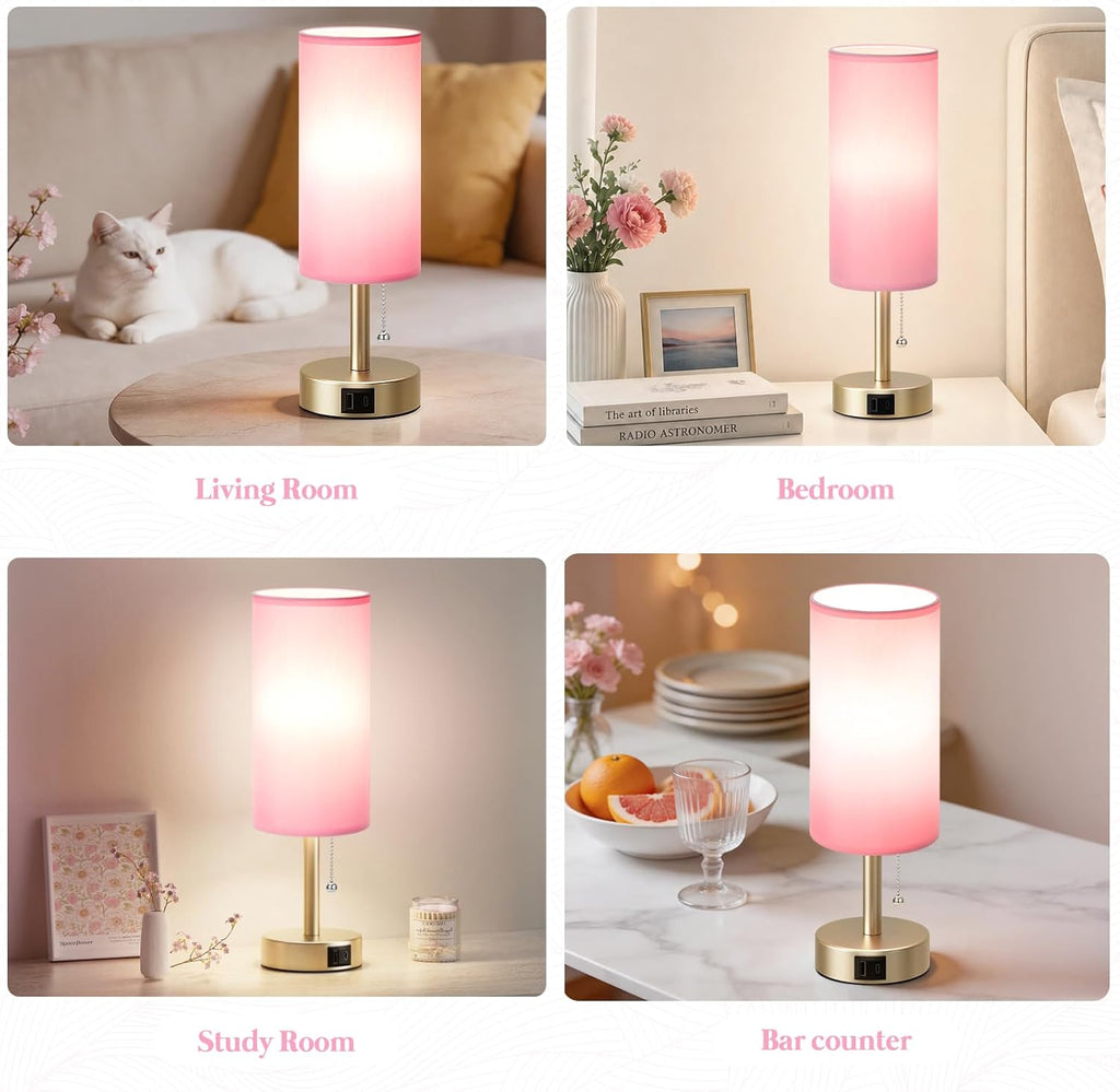 Dicoool Pink Bedside Table Lamp for Bedroom, Small Nightstand Lamp for Girls, 3 Color Temperatures & USB Charging Port, Cute Desk Lamp…