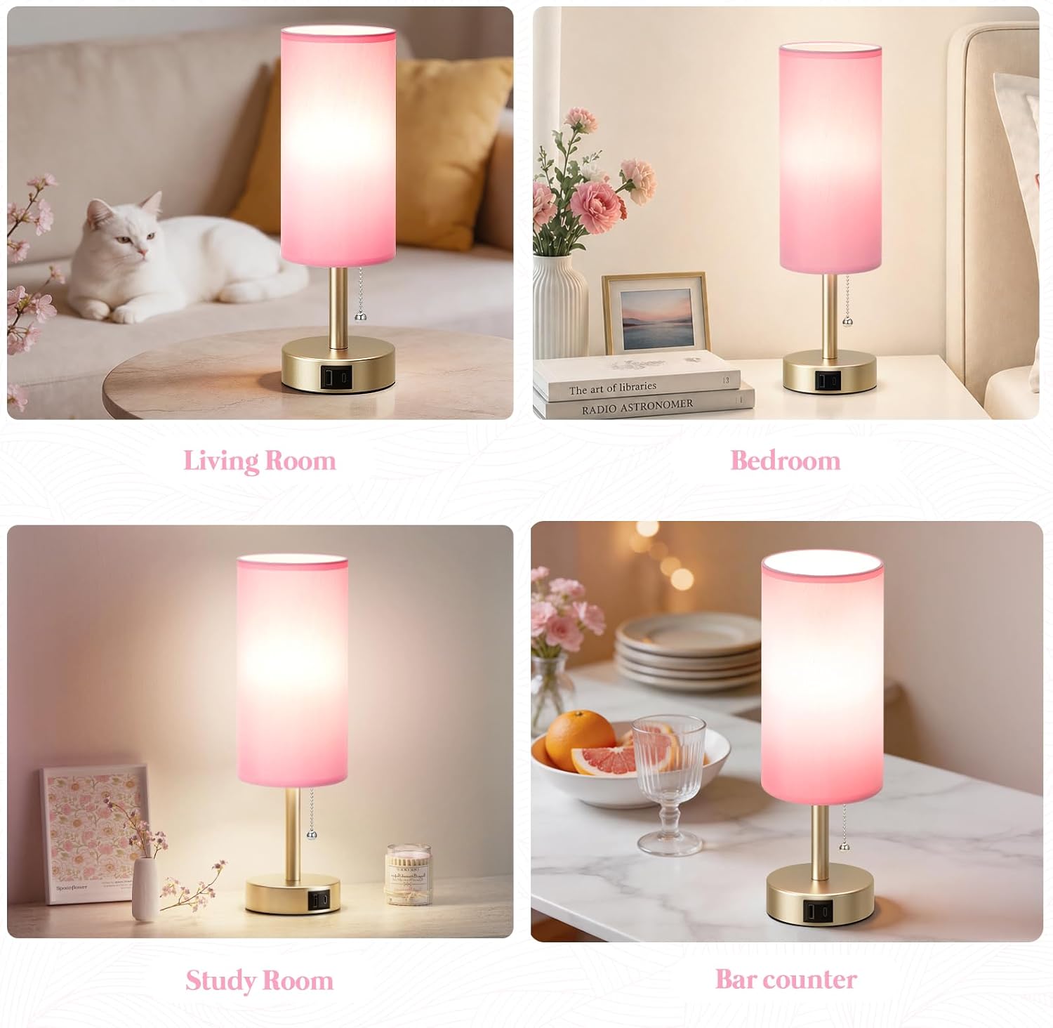 Dicoool Pink Bedside Table Lamp for Bedroom, Small Nightstand Lamp for Girls, 3 Color Temperatures & USB Charging Port, Cute Desk Lamp…