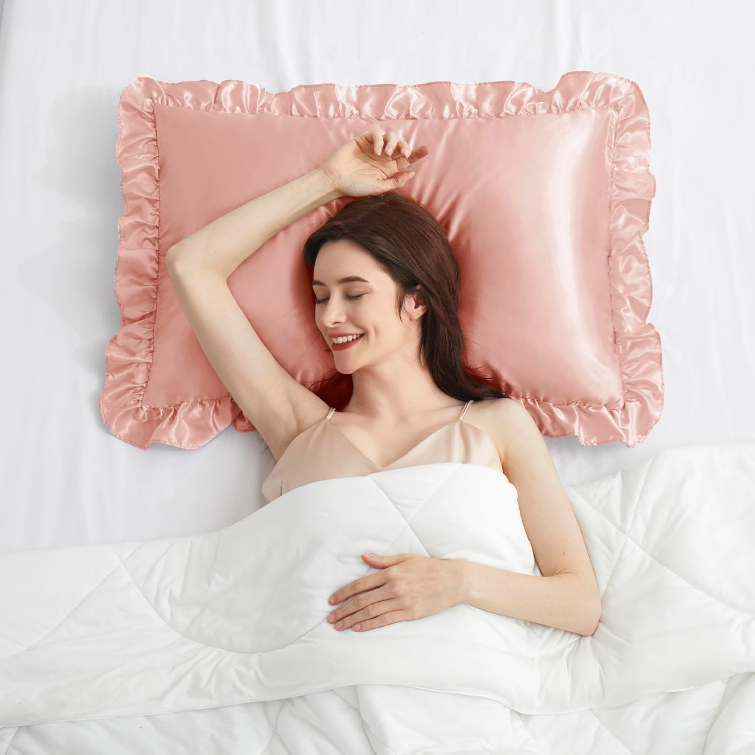 HommxJF Silky Satin Ruffled Pillow Cases for Hair and Skin, Rose Gold Silk Pillowcases King Set of 2 with Envelope Closure Princess Room 7.5…