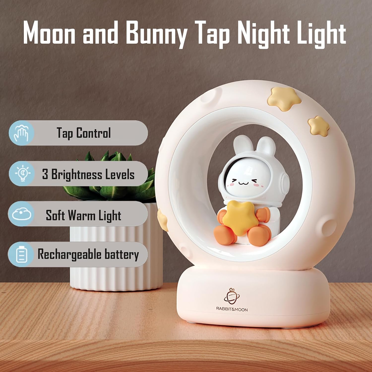 Moon and Bunny Rechargeable Night Light, Safe PVC and ABS Material, 3 Brightness Levels, Tap Control, Warm Light, Toddler Sleeping Lamp…