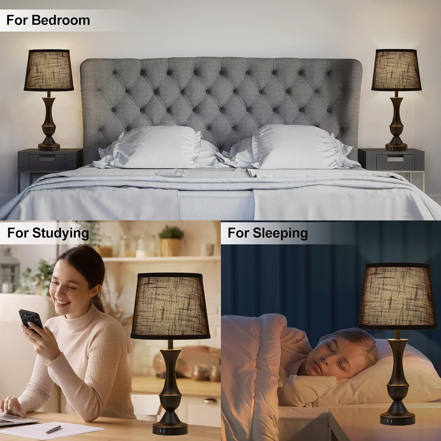 Luvkczc Black Touch Table Lamps Set of 2, 22" Tall Bedside Lamps with USB C+A Charging Ports, Nightstand Lamps for for Bedroom, Living…