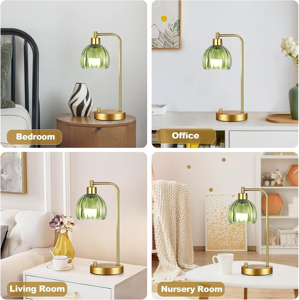 ILLMTW Green Table Lamp Set of 2, Small Glass Bedside Lamps Dimmable Boho Bedroom Lamp with Tulip Flower Lamp Shade, Gold Vintage Mid…