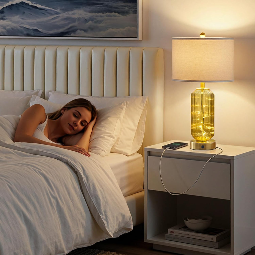Oneach 24.5" Bedside Table Lamps Set of 2, Amber Glass Nightstand Lamps with USB A+C Charging Ports and Night Light, Gold Modern Lamps…