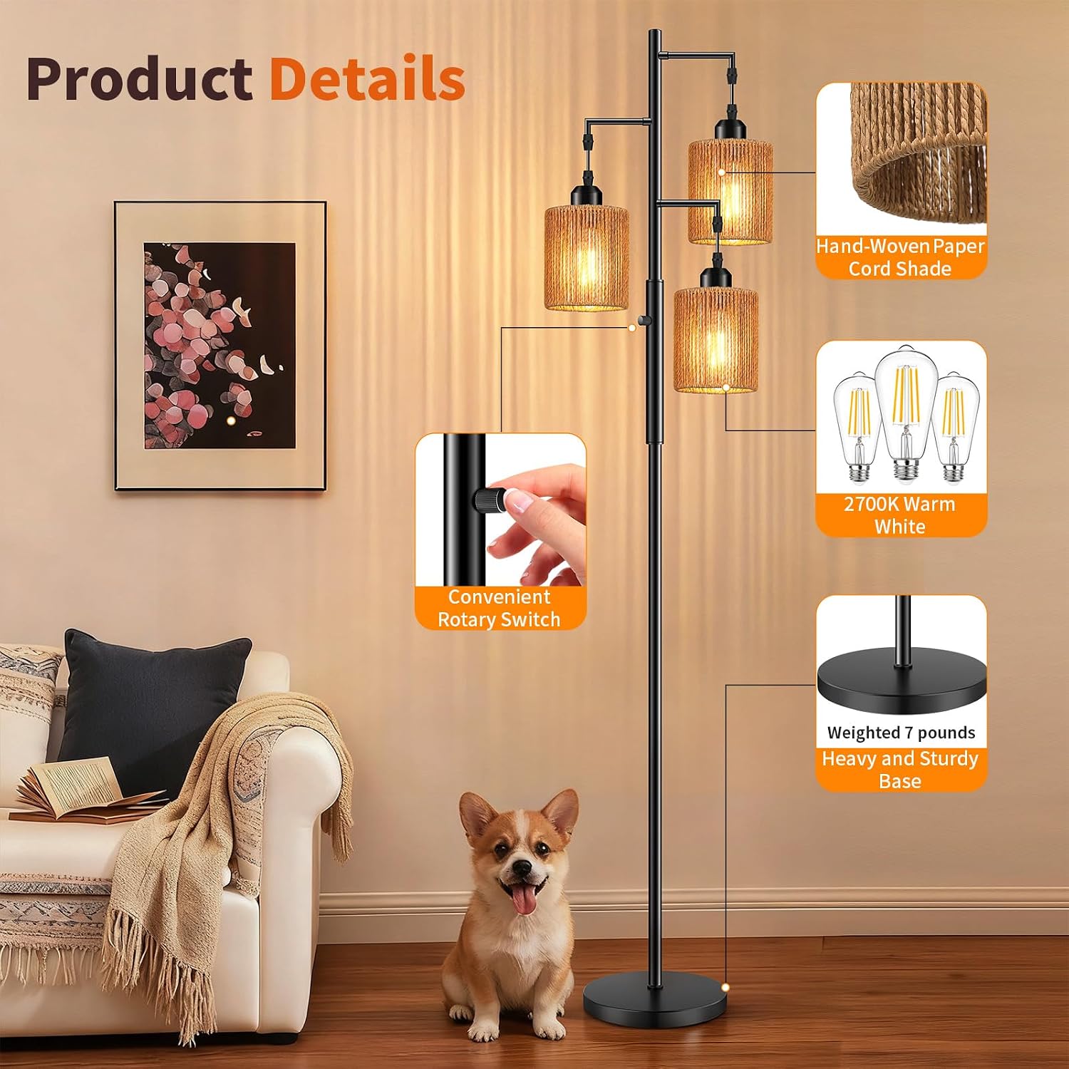 Hotsonic 72" Tall Boho Rattan Style Floor Lamp with Hand-Woven Paper Cord Shade, Dimmable Industrial Tree Standing Lamp for Living Room…