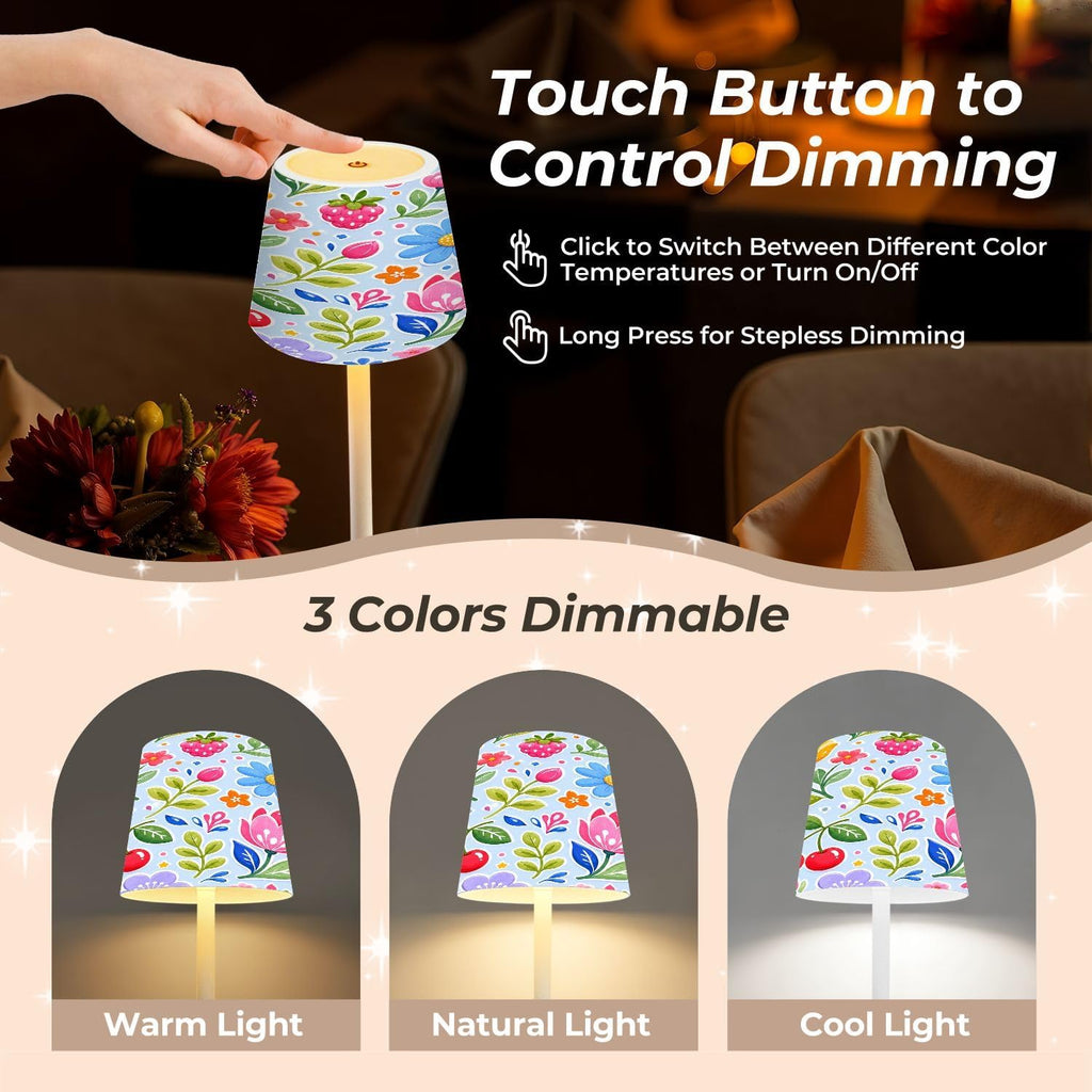 Cordless Mahjong Lamp Floral Fruit Pink Flowers Cherries Strawberries Blueberries Small LED Lamp 3 Color Dimmable Rechargeable Lamps for…