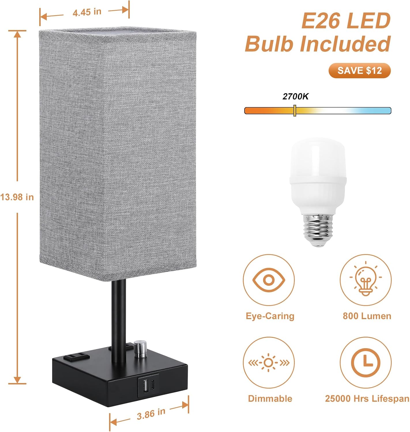 aooshine Gray Fully Dimmable Nightstand Lamps Set of 2 - Table Bedside Lamp with USB C+A Charging Ports & 2 AC Outlets, Square Lamp Sets…