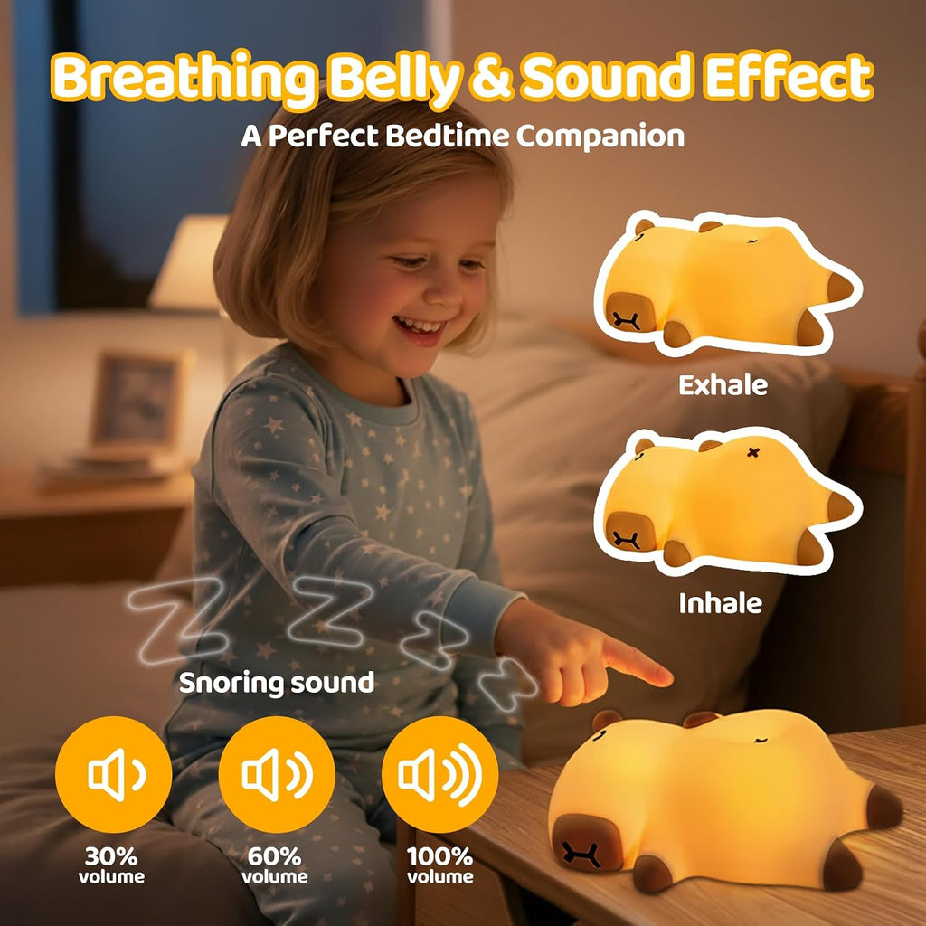 Mewaii Snoring Sound Capybara Night Light for Kids -Silicone Breathing Capybara Gifts Lamp with 3-Level Dimming, Cute Light Rechargeable…