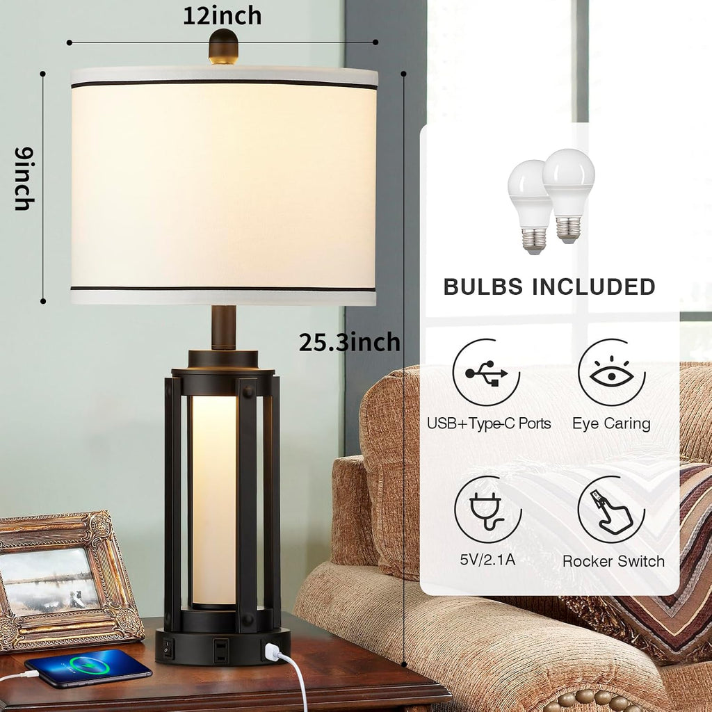 26" Modern Table Lamp with USB A+C Charging Ports & AC Outlet, Industrial Beside Contemporary Lamp Glass LED Night Light for Living Room…