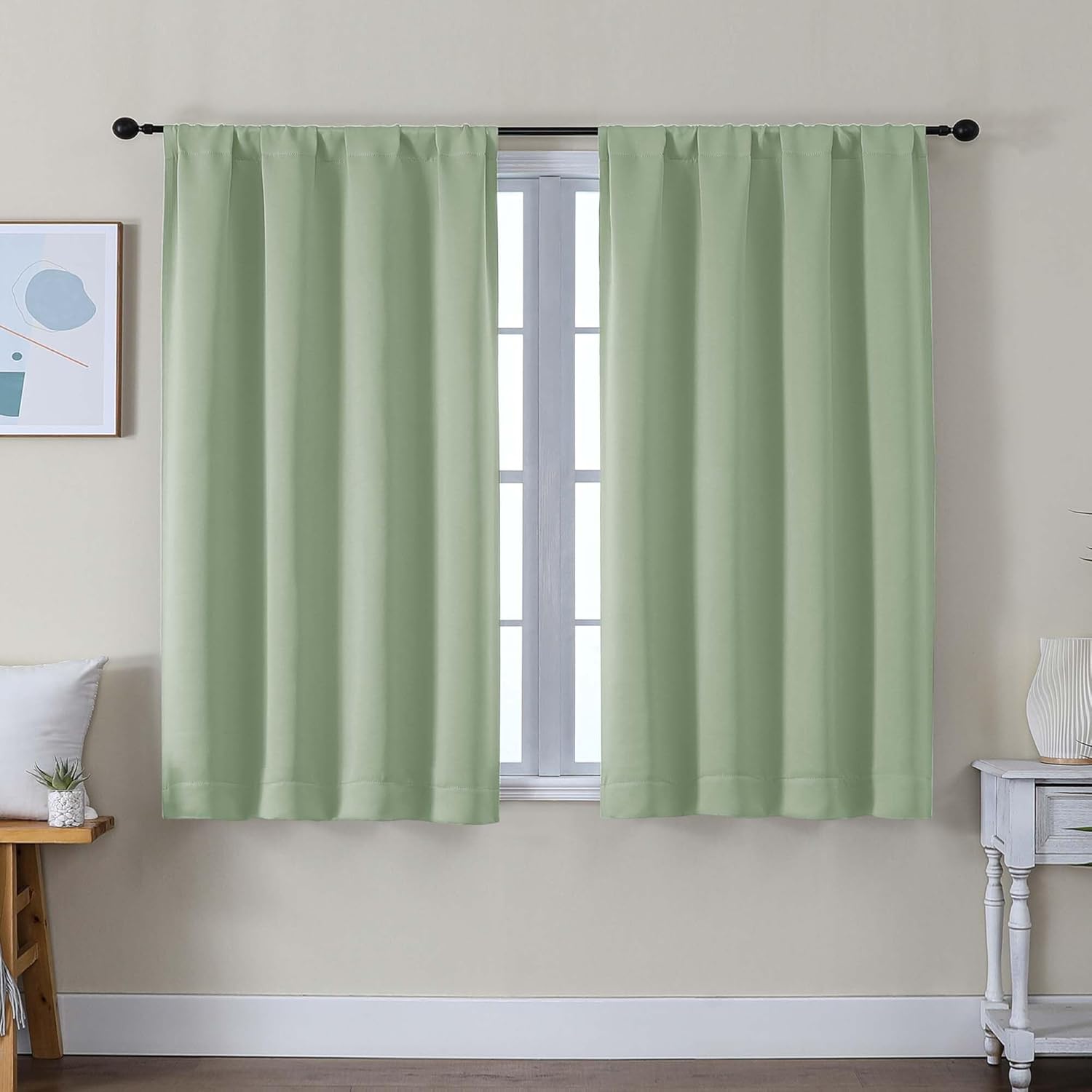 Simplebrand Ava Light Green Short Blackout Curtains for Bedroom 45 Inches Long 2 Panels Set, Solid Thermal Insulated, Energy Saving Window…