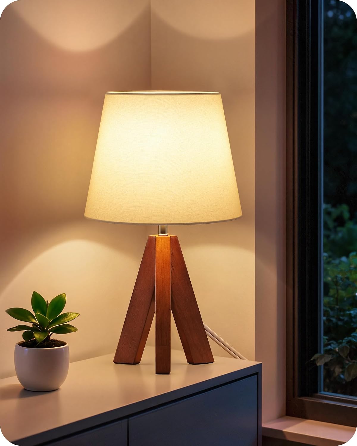 Tripod Table Lamp, Small Bedside Lamp with White Fabric Shade & Dark Wood Base, Modern Nightstand Lamp, Little Cute Desk Lamp for…