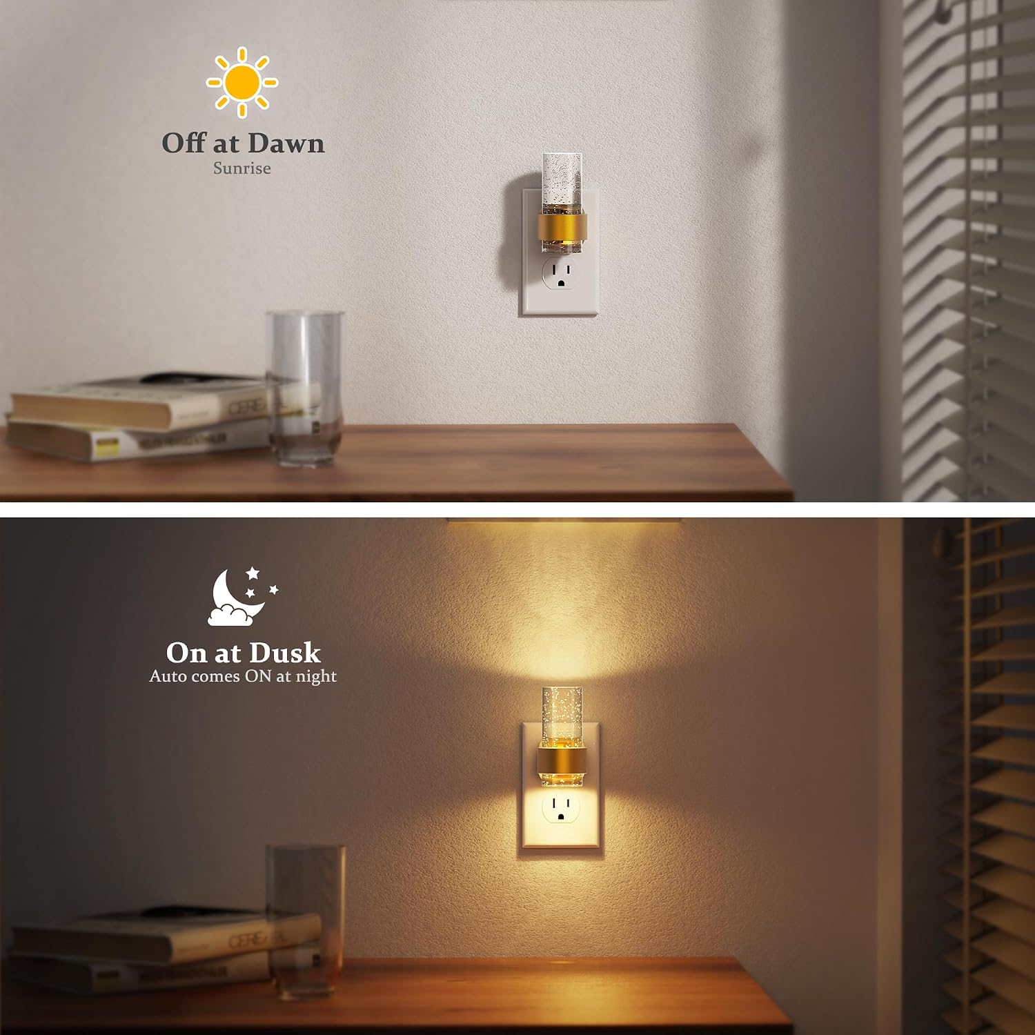 JandCase Night Lights Plug into Wall, Gold Night Light with 3 Colors, 2 Pack Dimmable Plug in Nightlight, Dusk to Dawn Sensor, Adjustable…