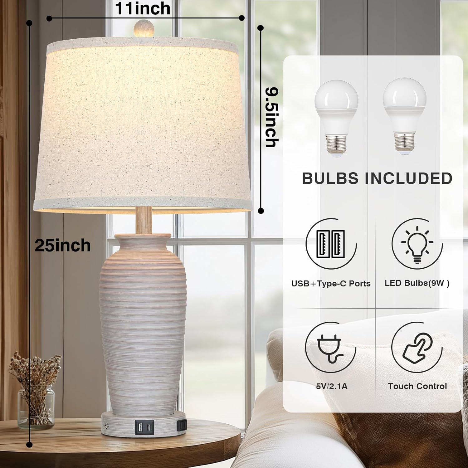 CINSARY 25" Vintage Farmhouse Jar Table Lamps, Single Rustic Bedside Lamp with USB A+C Ports & AC Outlet, Nightstand Lamps for Living…