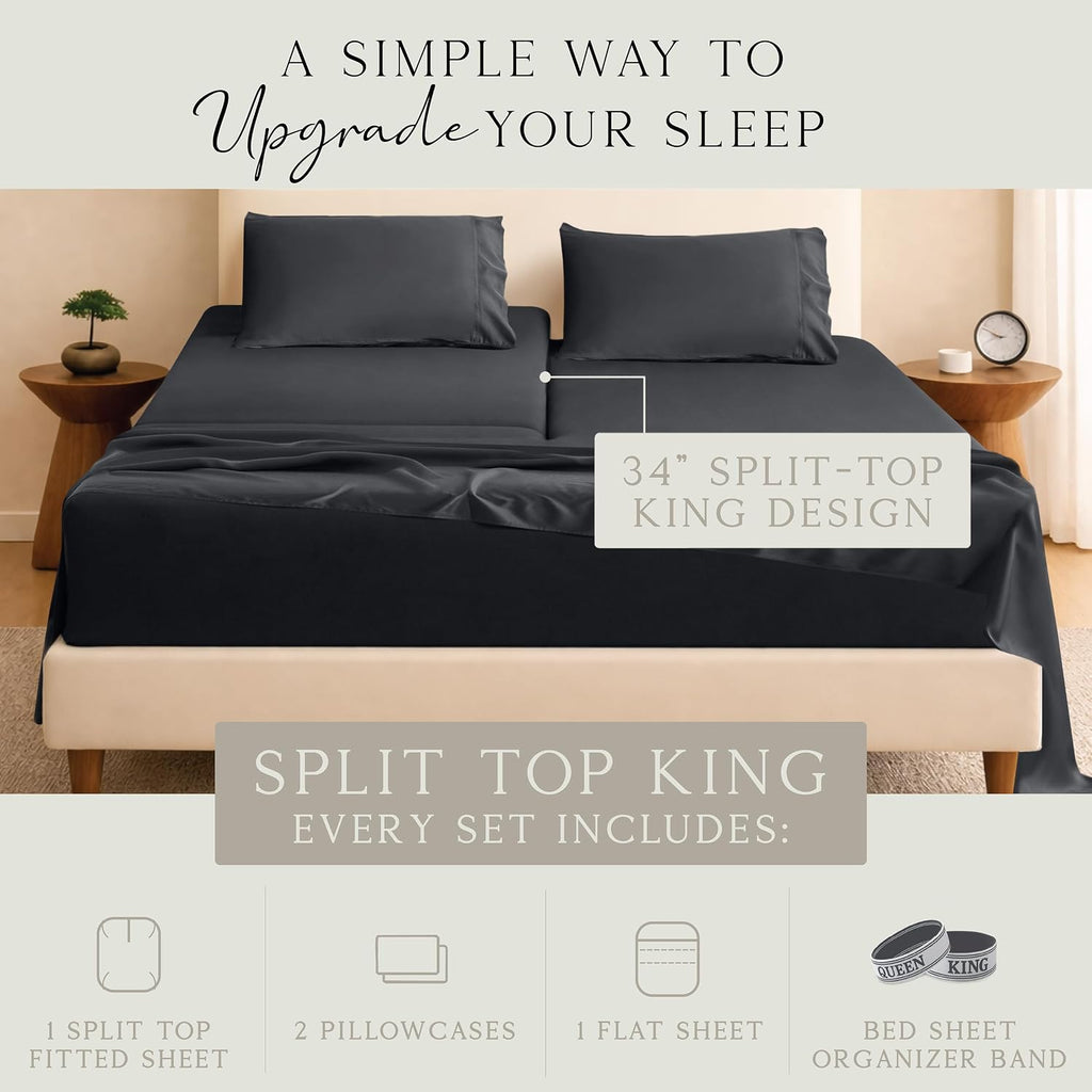 KARISSA MAE Pure Viscose from Bamboo 34" Split Top King Size Sheet Set | 100% FSC Certified | Luxuriously Soft | Cooling | 18" Deep…