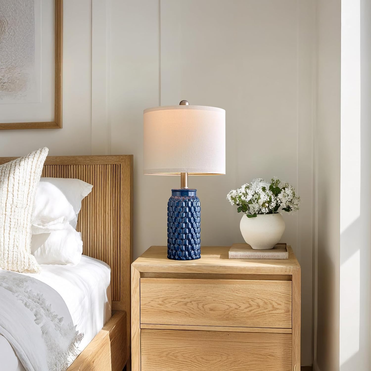 20.5" Small Bedside Lamps Set of 2 with 5FT Cord, Blue Ceramic Modern Farmhouse Table Lamps for Nightstand, Living Room, Bedroom, 3D…