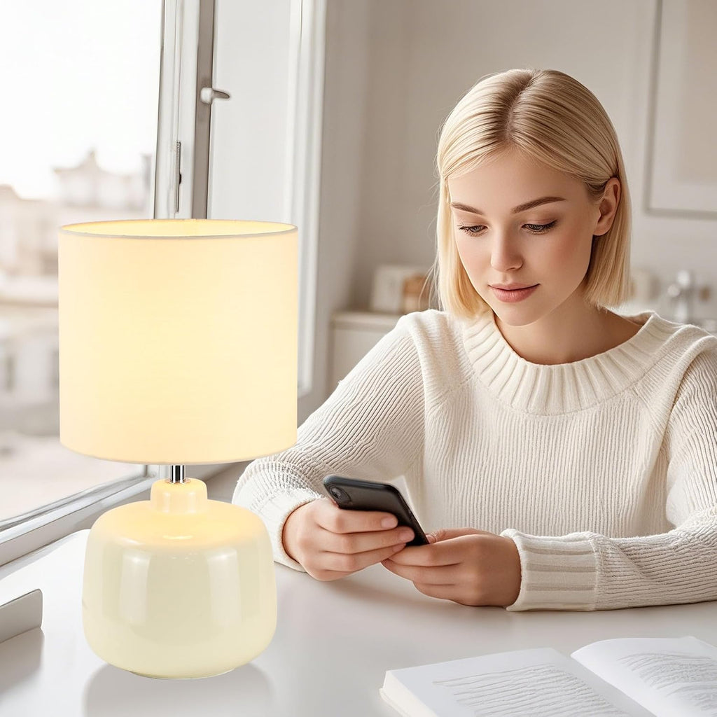 LAMPWELLOSLO Small Ceramic Table Lamp for Living Room and Bedroom, Modern Kids Night Table Lamp, Φ7.09×H13.39IN, Bulb Excluded, Cream